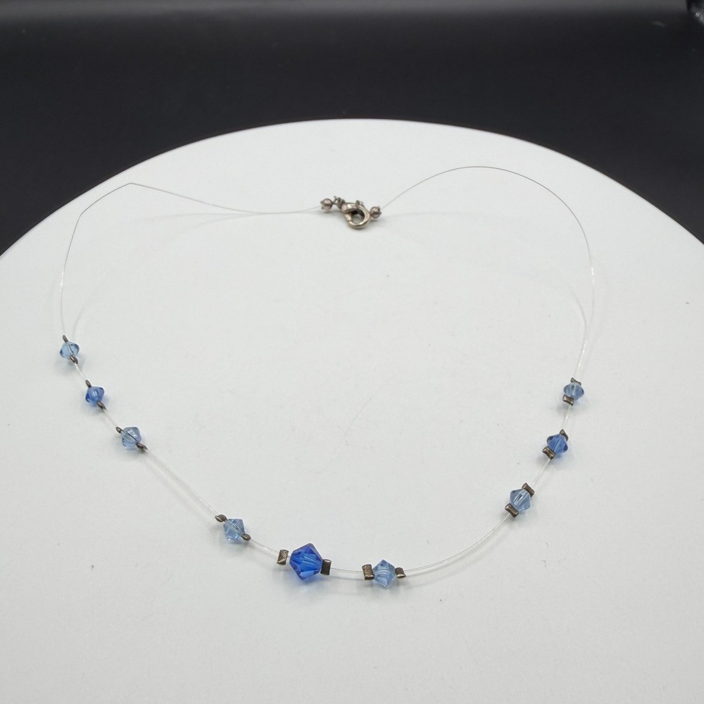 Blue Faceted Crystal Illusion Necklace Clear Wire Minimalist Y2K Gift for Her